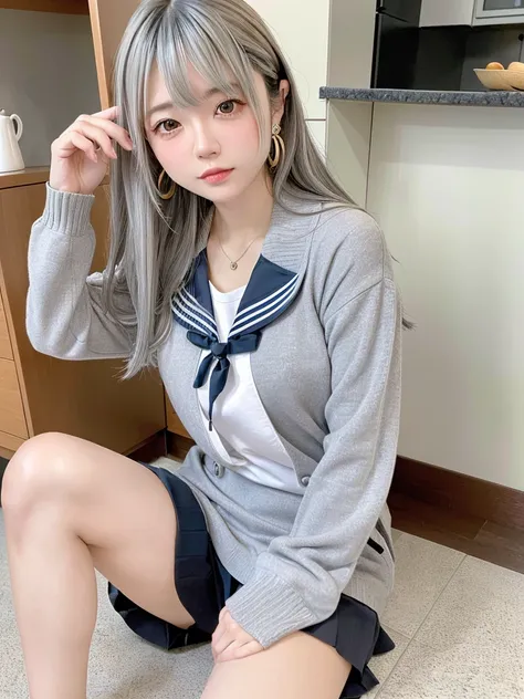 8K, RAW Photos, Fujifilm, Beautiful 20 year old woman style photo, (((Gray Hair:1.3,美しいGray Hairのストレートヘアー、シルキーなGray Hair)))、(((Sailor suit:1.5,))) Gold earrings, (Highly detailed skin: 1.2), Light medium brown hair, Film Grain, 35mm, Cute Style、(((Sitting ...