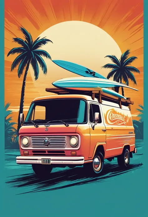 creative logo ilustration of an intricat truck car with , surfboard in the back, palms and sun, only four warm colors, digital art style by dan mumford, marcsimonetti, frank frazetta, sketch, high definition, negative space, logo style, T-shirt design