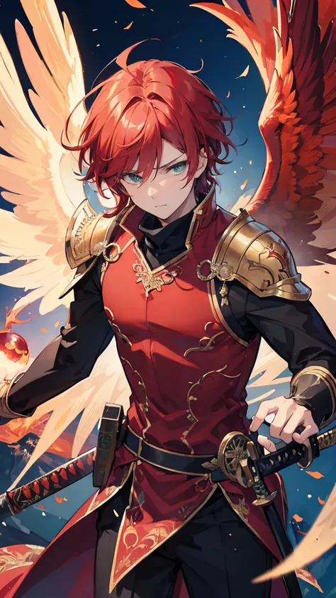 Masterpiece,best quality,Very detailed 8K wallpaper.,male phoenix,have wings,man,green eyes,The redhead wore a red iron-clad outfit with a blue orb in the middle of the chest.,Katana sword wielder