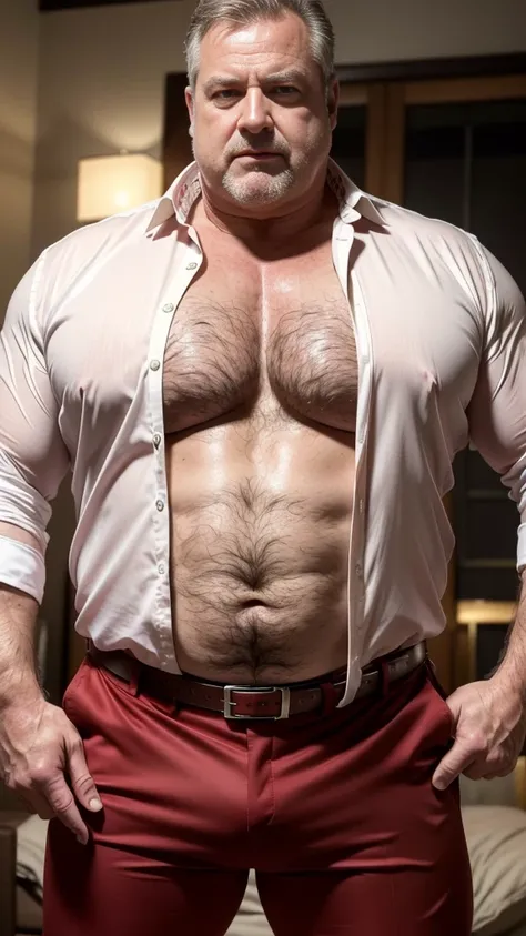 (best quality,4k,8k,highres,masterpiece:1.2), age 60, white man sheriff , horny disgusting, muscular chubby, kind, opened red silk shirt , mature daddy, Dress Pants with big bulge, hairy chest hard nipple, belt, loafer,