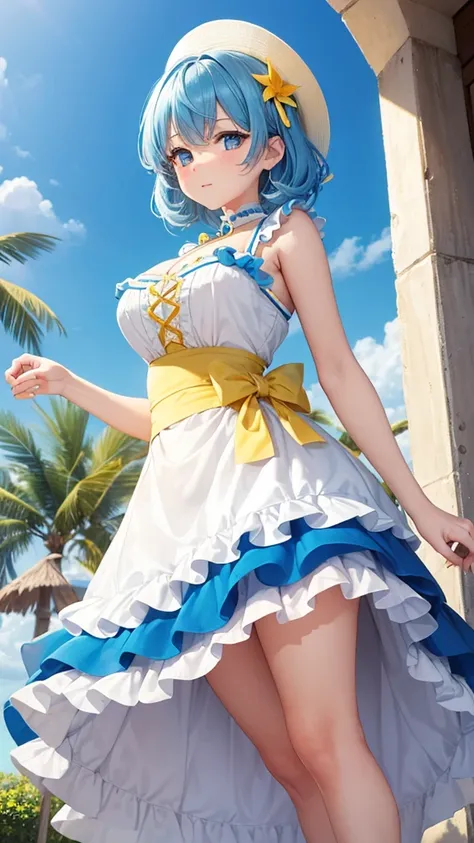  a cute girl beautiful attraction big chest blue hair Caribbean short round wearing shell hair her bright blue eye she dresses in a white shirt yellow lace thread collar and her long blue skirt sea shape yellow heel