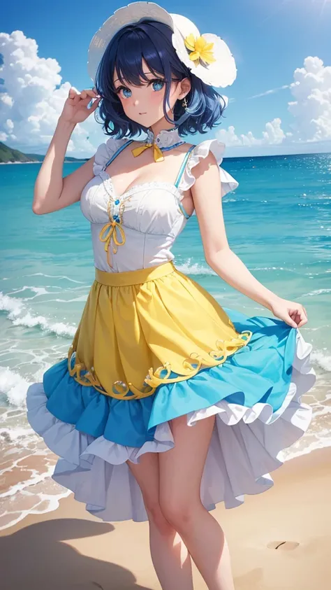  a cute girl beautiful attraction big chest blue hair Caribbean short round wearing shell hair her bright blue eye she dresses in a white shirt yellow lace thread collar and her long blue skirt sea shape yellow heel