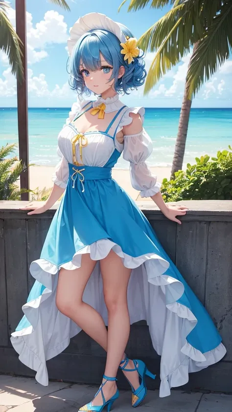  a cute girl beautiful attraction big chest blue hair Caribbean short round wearing shell hair her bright blue eye she dresses in a white shirt yellow lace thread collar and her long blue skirt sea shape yellow heel