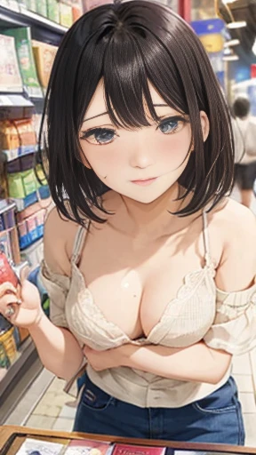 masterpiece、highest quality、be familiar with、1 female、18-year-old、blue eyes、bionde、black skin、(((oil skin))),shiny skin, short hair、Oversized Shoulders are out シャツ、Seductive thighs、big breasts、big breasts、A woman went shopping、Angle from above、embarrassed ...