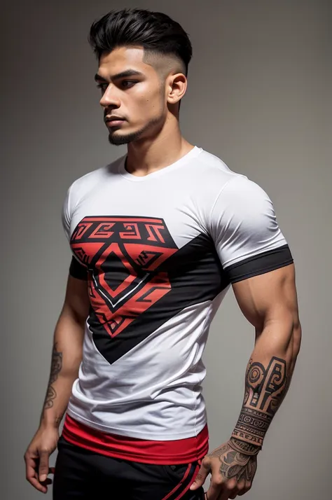 Create the design for a short-sleeved gym t-shirt with a design inspired by ancient Aztec gods and warriors, also in clothing brands like Youngla, Insanity. Try to make the style look aggressive, look great when training, use colors like black on the shirt...