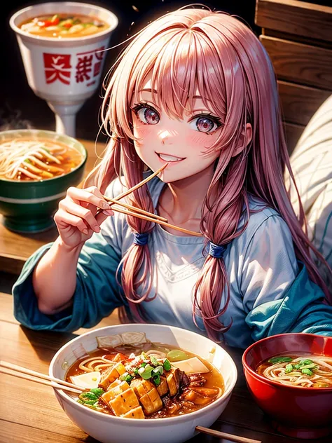 Highest Resolution,Highest quality,A girl smiling and looking at ramen while breaking disposable chopsticks,Open your mouth and drool,