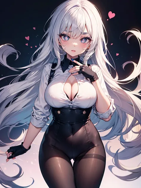 mature_female,silver hair,lipstick,eyeshadow,long_eyelashes,thick eyebrows,ahegao,jitome,heart-shaped_pupils,black_pantyhose,fingerless_gloves,,long hair,shirt