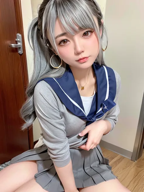 8K, RAW Photos, Fujifilm, Beautiful 20 year old woman style photo, (((Gray Hair:1.3,美しいGray Hairのストレートヘアー、シルキーなGray Hair)))、(((High school student sailor uniform:1.5,))) Gold earrings, (Highly detailed skin: 1.2), Light medium brown hair, Film Grain, 35mm,...