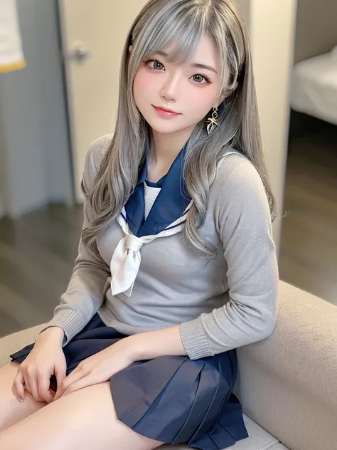 8k, raw photos, fujifilm, beautiful 20 year old woman style photo, (((gray hair:1.3,美しいgray hairのストレートヘアー、シルキーなgray hair)))、(((h...