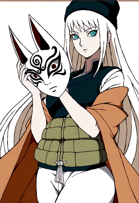 a tall slender woman, long white hair, holding a kitsune mask, green konoha vest, melancholic gaze, anime naruto style, 2D, kishimoto lineart, konoha headwear, detailed face, beautiful intricate eyes, refined facial features, graceful pose, cinematic light...