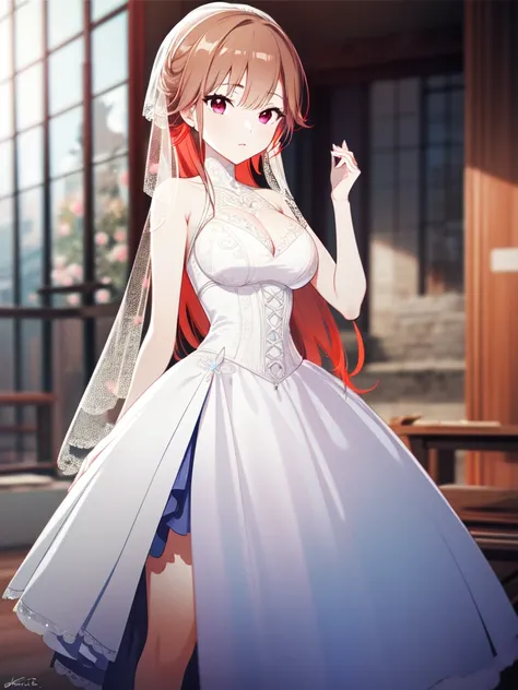 A girl，Long hair, Bangs, Orange Hair, Hair between the eyes, (Red Eyes:1.5),  (Large Breasts:1.2), 
rest  锁骨, Wedding dress，veil，wedding，White Dress，Flowers，The skirt is broken，White socks，Tights，White knee socks，
Looking at the audience, whole body,
indoo...