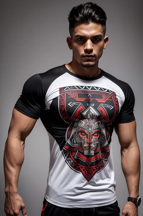 Create the design for a short-sleeved gym t-shirt with a design inspired by ancient Aztec gods and warriors, also in clothing brands like Youngla, Insanity. Try to make the style look aggressive, look great when training, use colors like black on the shirt...