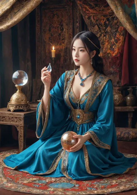 Female fortune teller. (Overall body orientation: frontal) Charming, beautiful and mysterious. She wears a blue cloak and has a clear face. Eyes wide open, looking straight ahead. Bright and glittering, full of anxiety and anticipation. He holds a crystal ...