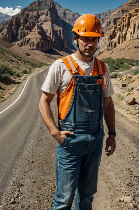 Man dressed in overalls and orange industrial helmet in front of the Virgin of Guadalupe with a road background 