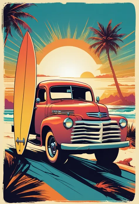 creative logo ilustration of a hot rod truck with surfboard in the back, palms and sun, only four warm colors, digital art style by dan mumford, marcsimonetti, frank frazetta, sketch, high definition, negative space, logo style, T-shirt design