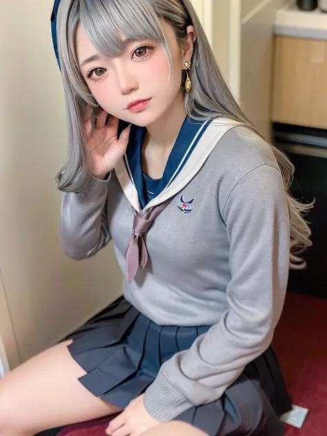 8K, RAW Photos, Fujifilm, Beautiful 20 year old woman style photo, (((Gray Hair:1.3,美しいGray Hairのストレートヘアー、シルキーなGray Hair)))、(((High School Sailor Uniform:1.5,))) Gold earrings, (Highly detailed skin: 1.2), Light medium brown hair, Film Grain, 35mm, Cute St...