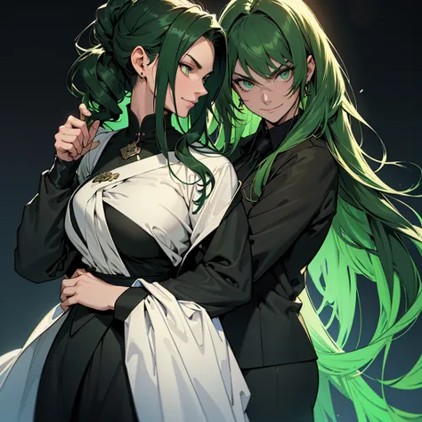 A 30 year old woman, dark green hair, long hair, dark green eyes, serious face, mischievous smile, big chest, medieval period, wearing a suit, black suit, tuxedo, wearing a black tuxedo, medieval background, Ultra HD 4k, 4k, Ultra HD