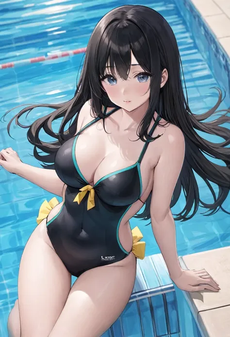 After the pool, knees, beautiful thighs, school swimsuit, beautiful breasts, black semi-long hair, fair skin, solo, female