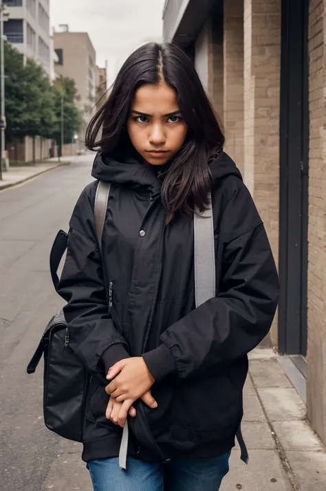 Scared stress student in full with id card  outside of school image with heavy bag on back Background: A dark or muted color to represent the limitations and constraints of societal expectations.