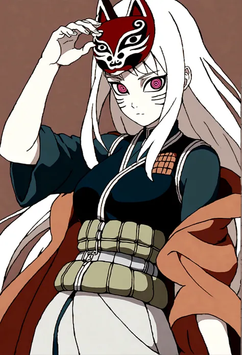 a tall slender woman, long white hair, holding a kitsune mask, green konoha vest, melancholic gaze, anime naruto style, 2D, kishimoto lineart, konoha headwear, detailed face, beautiful intricate eyes, refined facial features, graceful pose, cinematic light...