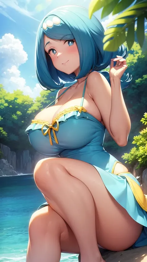  a cute girl beautiful attraction big chest blue hair Caribbean short round wearing shell hair her bright blue eye she dresses in a white shirt yellow lace thread collar and her long blue skirt sea shape yellow heel