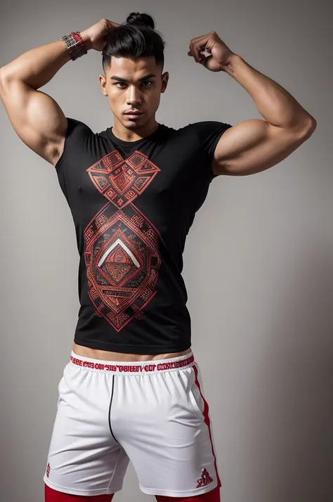 Create the design for a short-sleeved gym t-shirt with a design inspired by ancient Aztec gods and warriors, also in clothing brands like Youngla, Insanity. Try to make the style look aggressive, look great when training, use colors like black on the shirt...