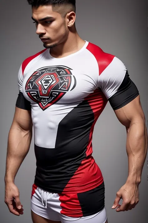 Create the design for a short-sleeved gym t-shirt with a design inspired by ancient Aztec gods and warriors, also in clothing brands like Youngla, Insanity. Try to make the style look aggressive, look great when training, use colors like black on the shirt...