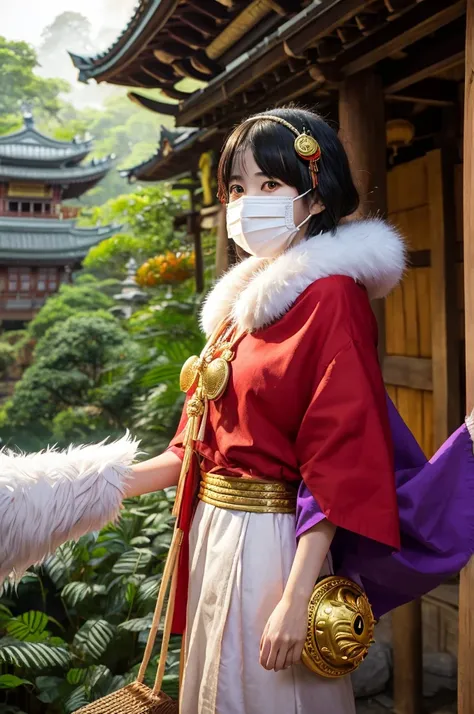 Mononoke-hime. She is wearing white fur and a red and yellow wooden mask. The mask has large round gold eyes. She is wearing a purple skirt and holding a white cloth covering her face. In the background, there is a jungle temple, depicted in hyper-realisti...