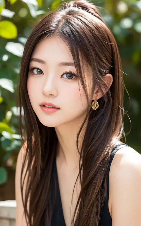 Japanese,Youthful, vibrant, elegant,upper body,Soft, natural lighting,Outdoor setting or studio with a natural backdrop,Bright and lively colors,focus on the hairstyle and facial features,Gentle and inviting expression,Contemporary fashion style,