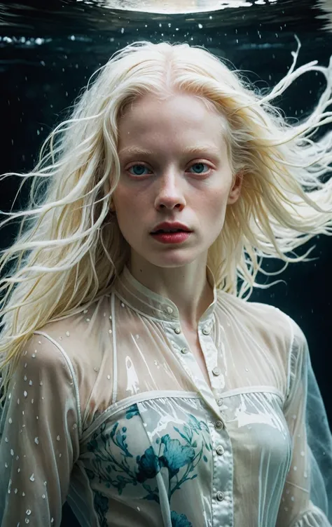 + a dramlikeart photo a woman albino and face is standing in the ((under water)) with her hair in the wind, Transparent clothing diffused lighting, centred composition 85 mm f 1. 8 lens with hasselblad photo by Annie Leibovitz and Steve McCurry in the styl...