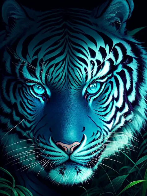 a tiger in the jungle with blue eyes and green grass, vector art by Kilian Eng, trending on cgsociety, sumatraism, ((tiger)), jen bartel, martin ansin, amazing wallpaper, tiger, tiger_beast, highly detailed vector art, profile picture 1024px, a tiger, amol...