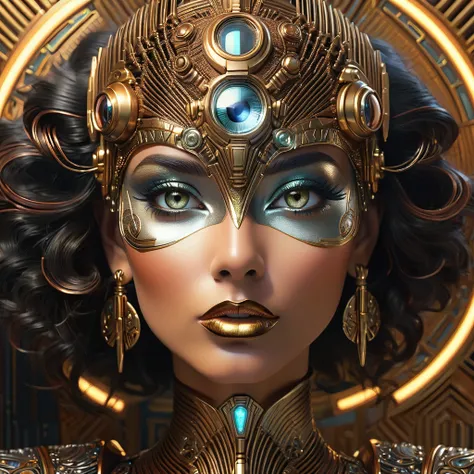 cyborgwoman,art deco face portrait,glowing eyes,bronze,brass,gold,silver,electrum,copper,chrome,beautiful detailed eyes,beautiful detailed lips,extremely detailed face,longeyelashes,intricate details,futuristic,photorealistic,8k,masterpiece,professional,vi...