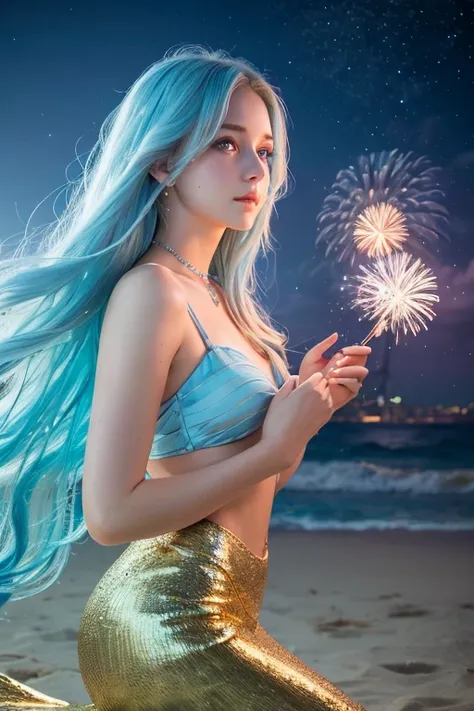 best quality, ultra detailed, highres, beach, surprised, blissful, beautiful, fantasy, romantic atmosphere,Light blue hair,Long Hair,Wavy Hair,Golden Eyes,mermaid,Night Sky,firework,shooting star,Surprised face,tears