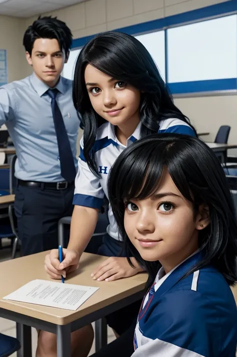 Screenshot of My hero academia black hair with blue rays slightly wavy hair ,normal expression, He is wearing the UA uniform, In the background she is in a UA classroom and she is sitting at a table ,Version