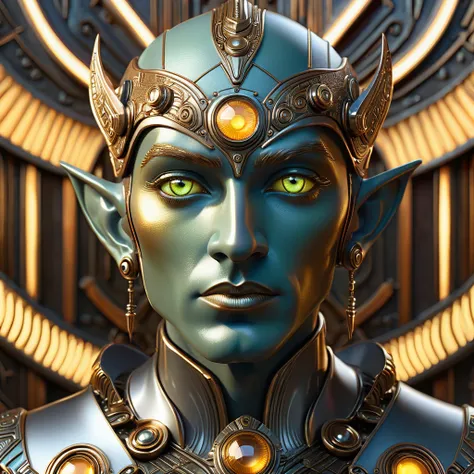 cyborg elf man,art deco face portrait,glowing eyes,bronze,brass,gold,silver,electrum,copper,chrome,beautiful detailed eyes,beautiful detailed lips,extremely detailed face,longeyelashes,intricate details,futuristic,photorealistic,8k,masterpiece,professional...