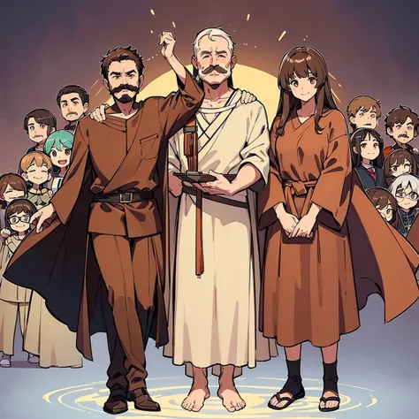 ((((Full body character concept、10 people))))、Highest quality, Best Quality,Best illustrationiddle ages、(((Simple brown robe)))、(40-year-old uncle、Kaiser moustache)、(Close your eyes、Close your eyes、smile)、dance