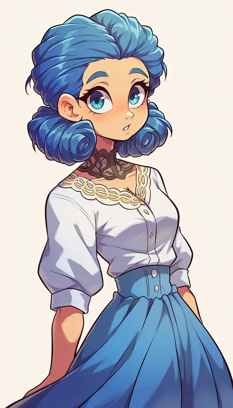  a cute girl beautiful attraction big chest blue hair Caribbean short round wearing shell hair her bright blue eye she dresses in a white shirt yellow lace thread collar and her long blue skirt sea shape yellow heel