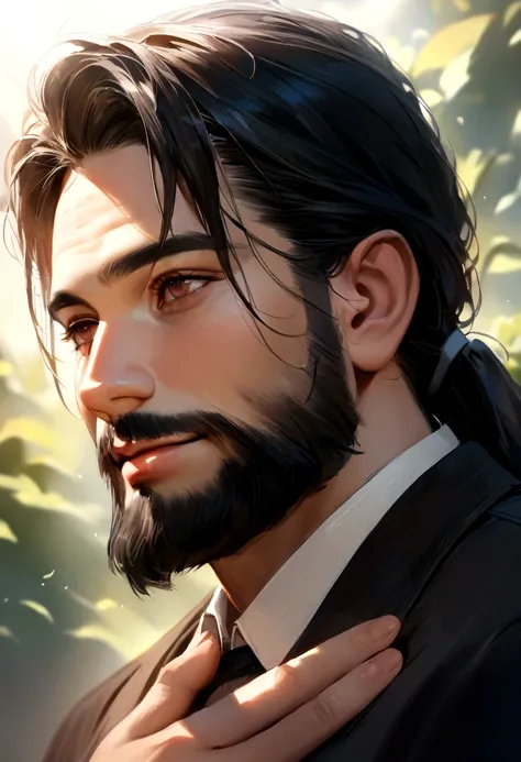 (best quality,4k,8k,highres,masterpiece:1.2),ultra-detailed,realistic,professional,portrait boy,father,kind eyes,gentle smile, black hair,wise expression,natural lighting,beard,vivid colors,soft background with simple girl 