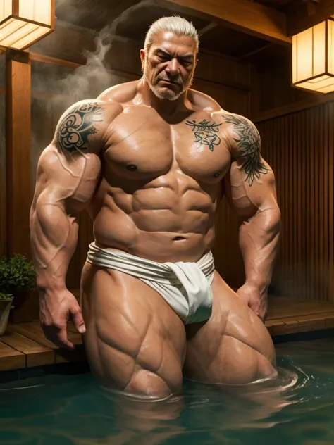 An old man soaking in an onsen, white hair, half submerged, (huge muscular), (yakuza tattoo:1.2), detailed muscles, 8k, masterpiece:1.2, hyperrealistic, white fundoshi, highly detailed full body, really big muscle, massive muscle, thick arms, wide pectoral...