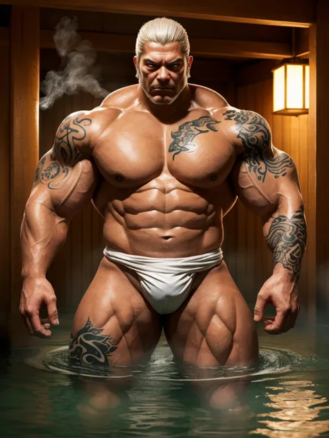 An old man soaking in an onsen, white hair, half submerged, (huge muscular), (yakuza tattoo:1.2), detailed muscles, 8k, masterpiece:1.2, hyperrealistic, white fundoshi, highly detailed full body, really big muscle, massive muscle, thick arms, wide pectoral...