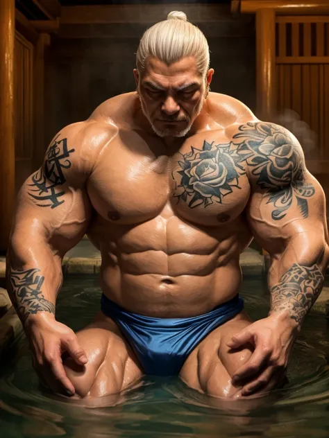 An old man soaking in an onsen, white hair, half submerged, (huge muscular), (yakuza tattoo:1.2), detailed muscles, 8k, masterpiece:1.2, hyperrealistic, white fundoshi, highly detailed full body, really big muscle, massive muscle, thick arms, wide pectoral...