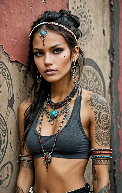 A beautiful woman, slender, tribal meets bohemian, tattoos, piercing, bohemian jewelry, modern, textured peeling wall in background, graphite, raw, gritty, dirty, mix of colors & materials, intricate, detailed, fashion photography