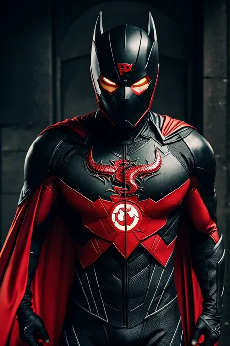 Superhero in black suit and red dragon symbol on chest with mask 