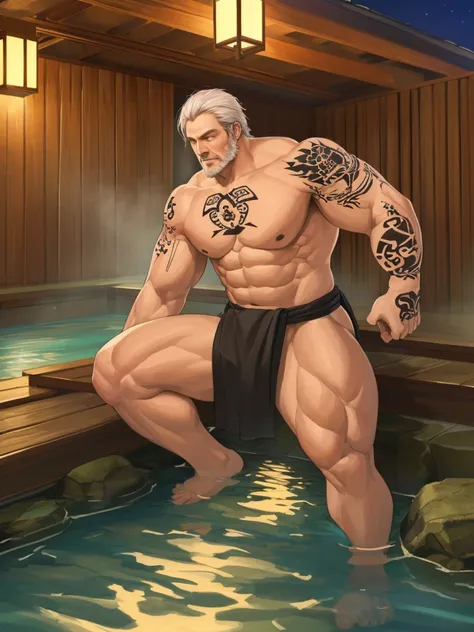 An old man soaking in an onsen, white hair, half submerged, (huge muscular), (yakuza tattoo:1.2), detailed muscles, 8k, masterpiece:1.2, hyperrealistic, white fundoshi, highly detailed full body, really big muscle, massive muscle, thick arms, wide pectoral...