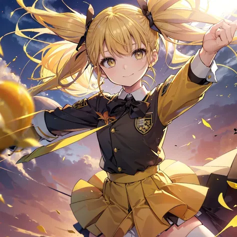 (((Shinomiya Kikoru)))　((Yellow Hair　Twin tails　uniform))　(smile　Jump)　Shining Background　Shining Edge