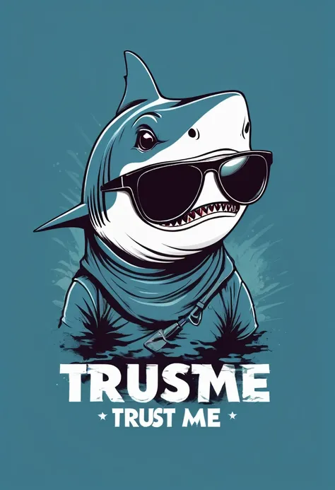 creative logo ilustration of a funny shark with cool sunglasses holding a froke and a knife, digital art style featuring the word ( TRUST ME )by dan mumford, marcsimonetti, frank frazetta, sketch, high definition, negative space, logo style, T-shirt design