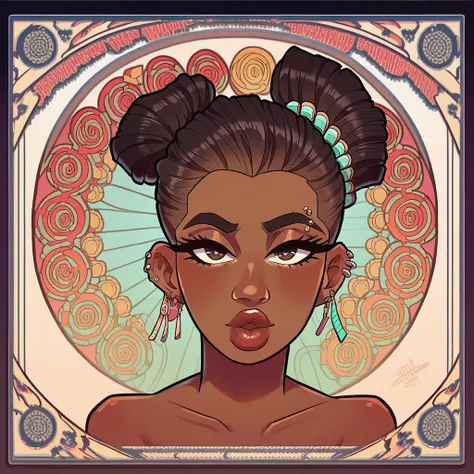 beautiful Hispanic African Asian woman, intricate ornate art nouveau portrait, detailed facial features, long lashes, full lips, piercing eyes, flawless skin, ornate patterned hair accessories, warm ambient lighting, vibrant colors, dramatic chiaroscuro, m...