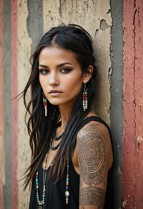 A beautiful woman, slender, tribal meets bohemian, tattoos, piercing, bohemian jewelry, modern, textured peeling wall in background, graphite, raw, gritty, dirty, mix of colors & materials, intricate, detailed, fashion photography