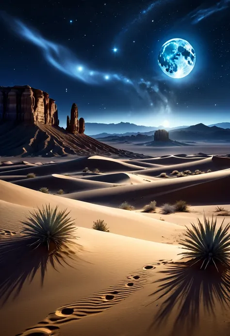 a high quality professional photo of a desert landscape under the moonlight with spirits flying around, 8k resolution, hyper detailed depiction of stars, inspired by Commedia dellArte, incorporating elements from thierry muglers designs.