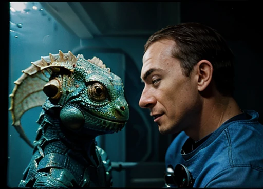 . A humanoid creature similar to a lizard and fish talks to the astronaut.